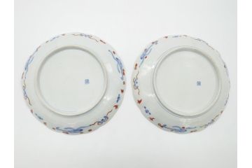 明治期　伊万里焼　錦手　金襴手　染錦　二重角富(角冨)　金彩　色絵　桃図　草花文　8.3寸皿　約25cm　煌びやかで豪華な絵付けの大皿2枚セット(深皿、和皿、和食器、八寸三分)(R-062556)