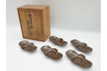 時代物　乾隆年製　古錫　木瓜　それぞれ個性があり味わい深い茶托5客セット(茶卓、小皿、中国、古玩、唐物、共箱付き)(R-062566)