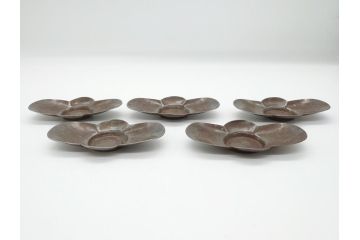 時代物　乾隆年製　古錫　木瓜　それぞれ個性があり味わい深い茶托5客セット(茶卓、小皿、中国、古玩、唐物、共箱付き)(R-062566)