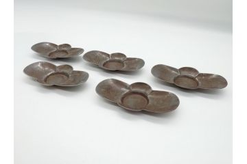 時代物　乾隆年製　古錫　木瓜　それぞれ個性があり味わい深い茶托5客セット(茶卓、小皿、中国、古玩、唐物、共箱付き)(R-062566)