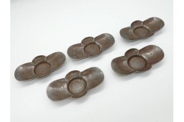 時代物　乾隆年製　古錫　木瓜　それぞれ個性があり味わい深い茶托5客セット(茶卓、小皿、中国、古玩、唐物、共箱付き)(R-062566)
