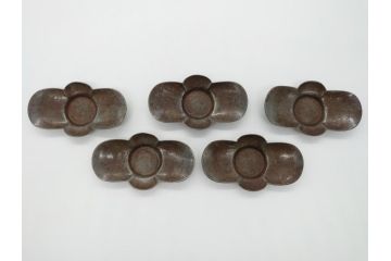時代物　乾隆年製　古錫　木瓜　それぞれ個性があり味わい深い茶托5客セット(茶卓、小皿、中国、古玩、唐物、共箱付き)(R-062566)