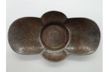 時代物　乾隆年製　古錫　木瓜　それぞれ個性があり味わい深い茶托5客セット(茶卓、小皿、中国、古玩、唐物、共箱付き)(R-062566)