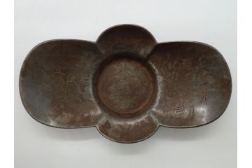 時代物　乾隆年製　古錫　木瓜　それぞれ個性があり味わい深い茶托5客セット(茶卓、小皿、中国、古玩、唐物、共箱付き)(R-062566)