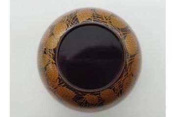 時代物　明治期　松葉　蒔絵　木製　棗(共箱付き、金地、松の実、茶器、茶道具、漆器、漆工芸)(R-062568)