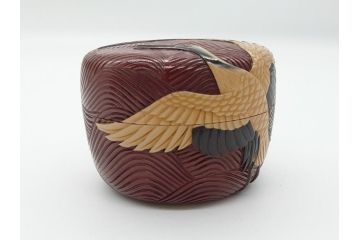 漆芸作家　篠原如雪　波丹頂鶴平棗(共箱付き、茶器、茶道具、漆工芸、漆器)(R-062570)