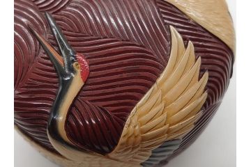 漆芸作家　篠原如雪　波丹頂鶴平棗(共箱付き、茶器、茶道具、漆工芸、漆器)(R-062570)