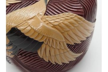 漆芸作家　篠原如雪　波丹頂鶴平棗(共箱付き、茶器、茶道具、漆工芸、漆器)(R-062570)