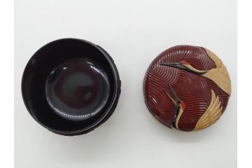 漆芸作家　篠原如雪　波丹頂鶴平棗(共箱付き、茶器、茶道具、漆工芸、漆器)(R-062570)