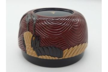 漆芸作家　篠原如雪　波丹頂鶴平棗(共箱付き、茶器、茶道具、漆工芸、漆器)(R-062570)