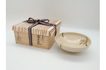 川本了生　弥七田織部　馬盥茶碗　5寸　約15cm(共箱付き、馬盥型、平茶碗、茶道具、夏茶碗、抹茶碗、五寸)(R-062572)