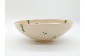 川本了生　弥七田織部　馬盥茶碗　5寸　約15cm(共箱付き、馬盥型、平茶碗、茶道具、夏茶碗、抹茶碗、五寸)(R-062572)