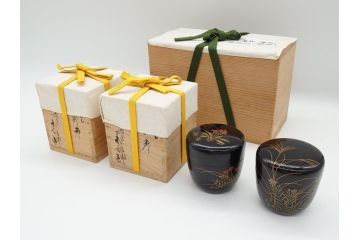 時代物　鈴木表朔　一閑張　色漆絵　春野　秋野　棗　一双入　尋牛斎書付(共箱付き、茶筒、茶道具)(R-062574)