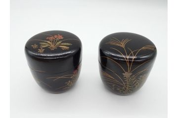時代物　鈴木表朔　一閑張　色漆絵　春野　秋野　棗　一双入　尋牛斎書付(共箱付き、茶筒、茶道具)(R-062574)