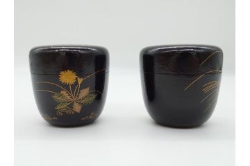 時代物　鈴木表朔　一閑張　色漆絵　春野　秋野　棗　一双入　尋牛斎書付(共箱付き、茶筒、茶道具)(R-062574)