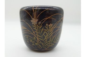 時代物　鈴木表朔　一閑張　色漆絵　春野　秋野　棗　一双入　尋牛斎書付(共箱付き、茶筒、茶道具)(R-062574)