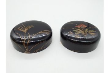 時代物　鈴木表朔　一閑張　色漆絵　春野　秋野　棗　一双入　尋牛斎書付(共箱付き、茶筒、茶道具)(R-062574)
