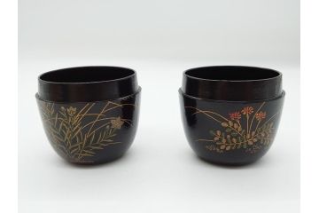 時代物　鈴木表朔　一閑張　色漆絵　春野　秋野　棗　一双入　尋牛斎書付(共箱付き、茶筒、茶道具)(R-062574)