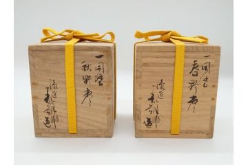 時代物　鈴木表朔　一閑張　色漆絵　春野　秋野　棗　一双入　尋牛斎書付(共箱付き、茶筒、茶道具)(R-062574)