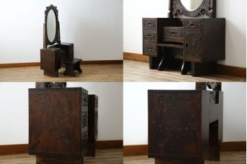 中古　軽井沢彫り　趣ある木の色合いと凝った桜の意匠が和の雰囲気を高めるドレッサーとスツールのセット(鏡台、化粧台、ミラー)(R-062577)