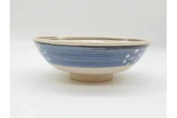 真葛　香斎　浅黄帯　梅鉢　絵高麗　平茶碗　十二代　久田宗也(中誠宗也)尋牛斎　御書付　4.6寸　約14cm(共箱付き、和食器、茶碗、四寸六分)(R-062586)