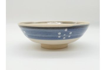 真葛　香斎　浅黄帯　梅鉢　絵高麗　平茶碗　十二代　久田宗也(中誠宗也)尋牛斎　御書付　4.6寸　約14cm(共箱付き、和食器、茶碗、四寸六分)(R-062586)