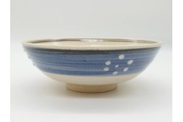 真葛　香斎　浅黄帯　梅鉢　絵高麗　平茶碗　十二代　久田宗也(中誠宗也)尋牛斎　御書付　4.6寸　約14cm(共箱付き、和食器、茶碗、四寸六分)(R-062586)