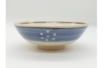真葛　香斎　浅黄帯　梅鉢　絵高麗　平茶碗　十二代　久田宗也(中誠宗也)尋牛斎　御書付　4.6寸　約14cm(共箱付き、和食器、茶碗、四寸六分)(R-062586)