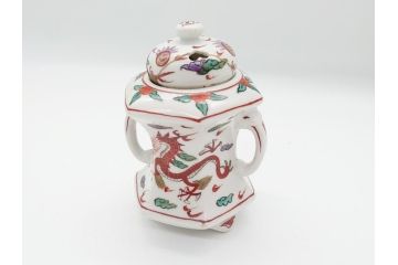 中国　古玩　大明萬暦年製　赤絵　龍図　香炉(香爐、三つ足)(R-062599)