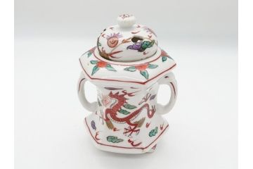 中国　古玩　大明萬暦年製　赤絵　龍図　香炉(香爐、三つ足)(R-062599)