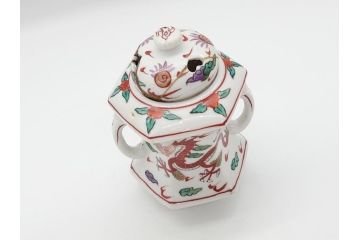 中国　古玩　大明萬暦年製　赤絵　龍図　香炉(香爐、三つ足)(R-062599)