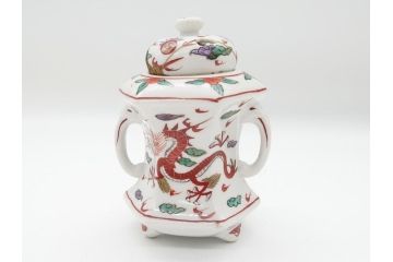 中国　古玩　大明萬暦年製　赤絵　龍図　香炉(香爐、三つ足)(R-062599)