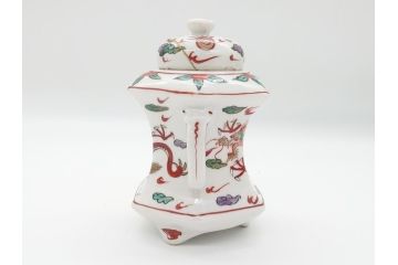 中国　古玩　大明萬暦年製　赤絵　龍図　香炉(香爐、三つ足)(R-062599)