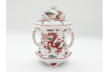 中国　古玩　大明萬暦年製　赤絵　龍図　香炉(香爐、三つ足)(R-062599)