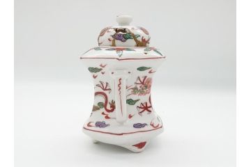 中国　古玩　大明萬暦年製　赤絵　龍図　香炉(香爐、三つ足)(R-062599)