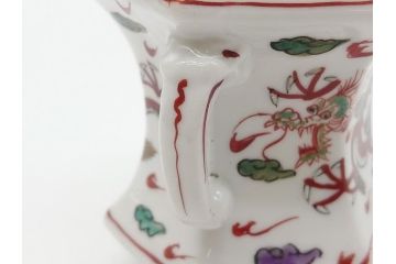中国　古玩　大明萬暦年製　赤絵　龍図　香炉(香爐、三つ足)(R-062599)