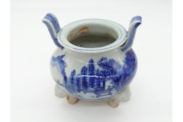 江戸期　染付　山水図　双耳　三足　香炉(猫脚、獣足、三つ足)(R-062600)