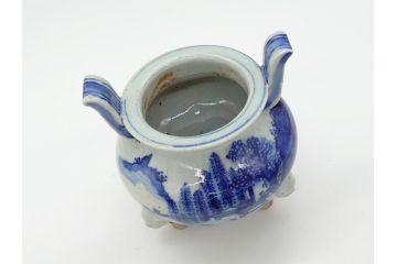 江戸期　染付　山水図　双耳　三足　香炉(猫脚、獣足、三つ足)(R-062600)
