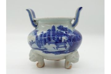 江戸期　染付　山水図　双耳　三足　香炉(猫脚、獣足、三つ足)(R-062600)