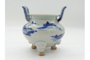 江戸期　染付　山水図　双耳　三足　香炉(猫脚、獣足、三つ足)(R-062600)