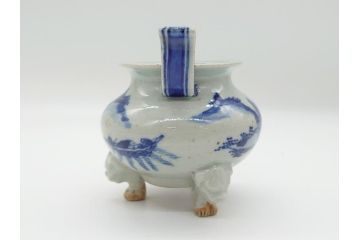 江戸期　染付　山水図　双耳　三足　香炉(猫脚、獣足、三つ足)(R-062600)