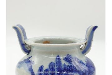 江戸期　染付　山水図　双耳　三足　香炉(猫脚、獣足、三つ足)(R-062600)