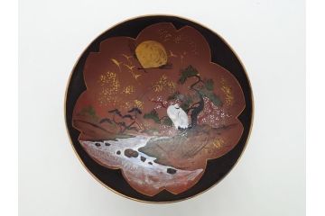 備前陶森　葛尾　絵備前　蓬草仙之図　壱組　富士庵収蔵古備前　三ツ重盃(杯)3客セット(共箱付き、茶碗、色絵、金彩、鶴亀図)(R-062604)