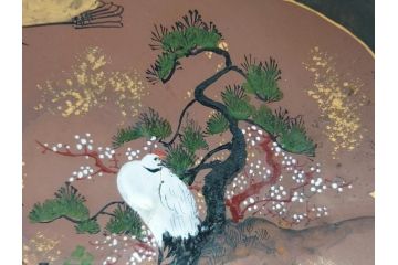 備前陶森　葛尾　絵備前　蓬草仙之図　壱組　富士庵収蔵古備前　三ツ重盃(杯)3客セット(共箱付き、茶碗、色絵、金彩、鶴亀図)(R-062604)