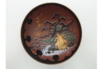 備前陶森　葛尾　絵備前　蓬草仙之図　壱組　富士庵収蔵古備前　三ツ重盃(杯)3客セット(共箱付き、茶碗、色絵、金彩、鶴亀図)(R-062604)