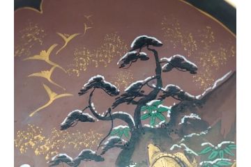 備前陶森　葛尾　絵備前　蓬草仙之図　壱組　富士庵収蔵古備前　三ツ重盃(杯)3客セット(共箱付き、茶碗、色絵、金彩、鶴亀図)(R-062604)