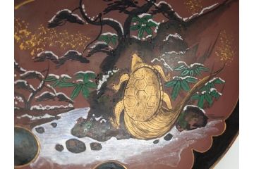 備前陶森　葛尾　絵備前　蓬草仙之図　壱組　富士庵収蔵古備前　三ツ重盃(杯)3客セット(共箱付き、茶碗、色絵、金彩、鶴亀図)(R-062604)