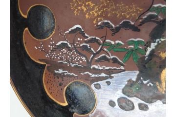 備前陶森　葛尾　絵備前　蓬草仙之図　壱組　富士庵収蔵古備前　三ツ重盃(杯)3客セット(共箱付き、茶碗、色絵、金彩、鶴亀図)(R-062604)
