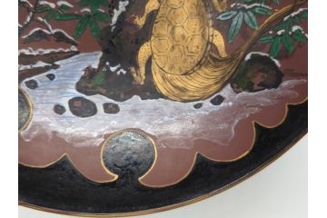 備前陶森　葛尾　絵備前　蓬草仙之図　壱組　富士庵収蔵古備前　三ツ重盃(杯)3客セット(共箱付き、茶碗、色絵、金彩、鶴亀図)(R-062604)