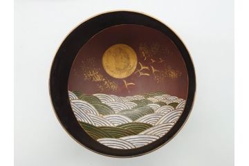 備前陶森　葛尾　絵備前　蓬草仙之図　壱組　富士庵収蔵古備前　三ツ重盃(杯)3客セット(共箱付き、茶碗、色絵、金彩、鶴亀図)(R-062604)